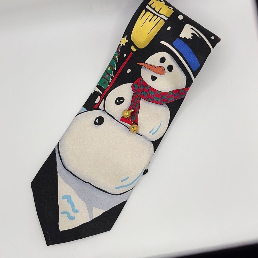 Vintage 90s Jingle Ties‎ Silk Snowman Christmas Novelty Necktie with Bells